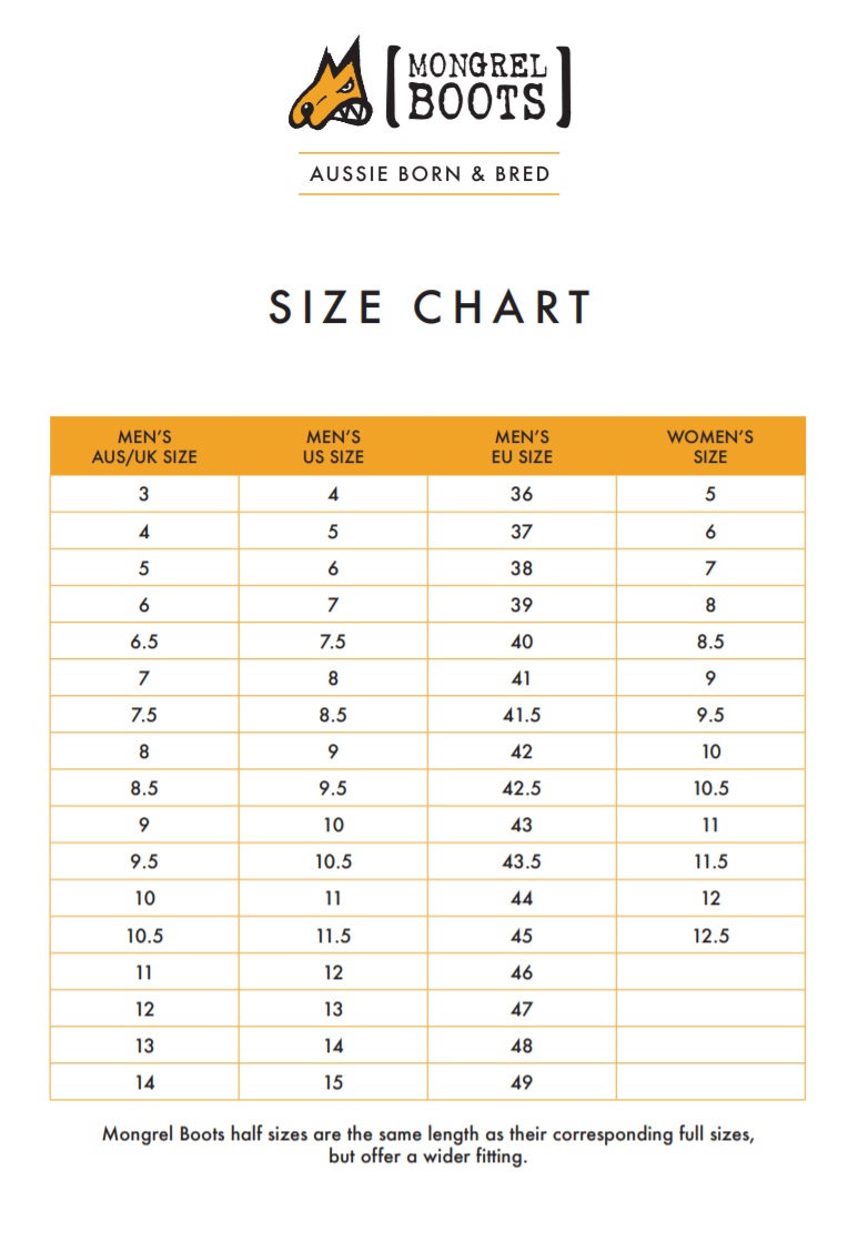 Mongrel Boots Size Chart