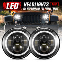 LIGHTFOX Pair 7Inch Angel Eyes LED Headlights for Jeep Wrangler GQ Patrol