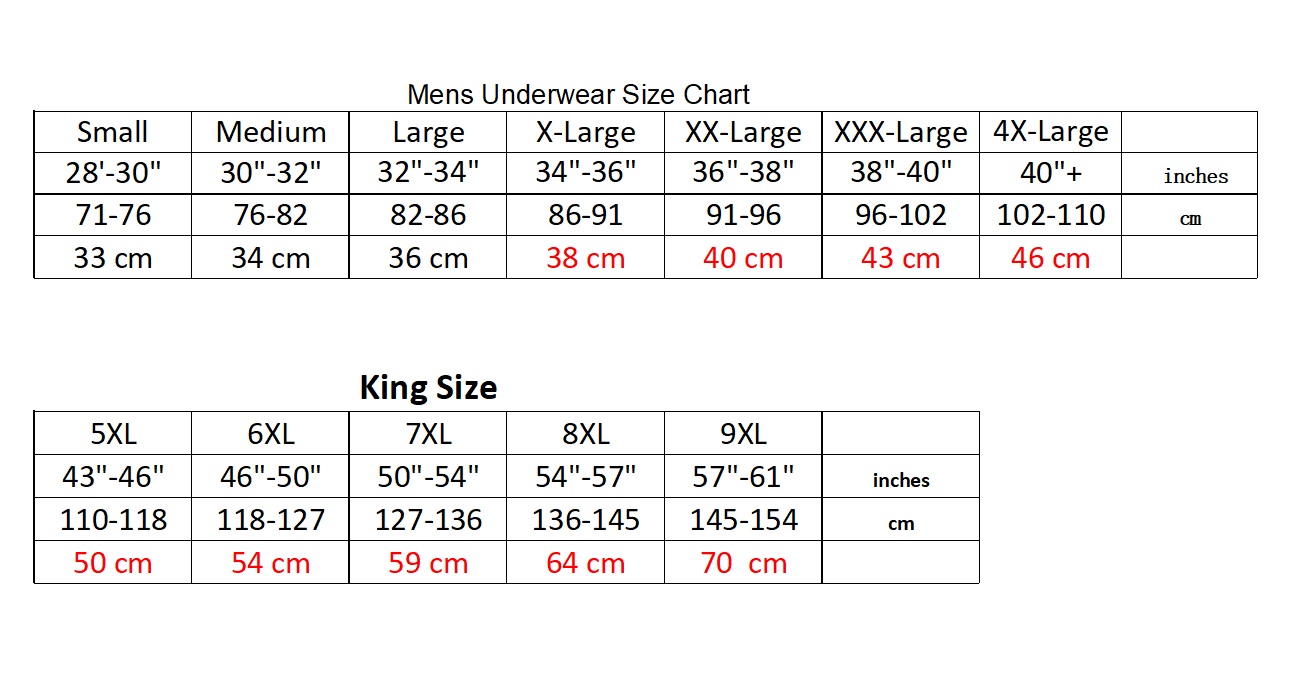 Mens Underwear Size Chart